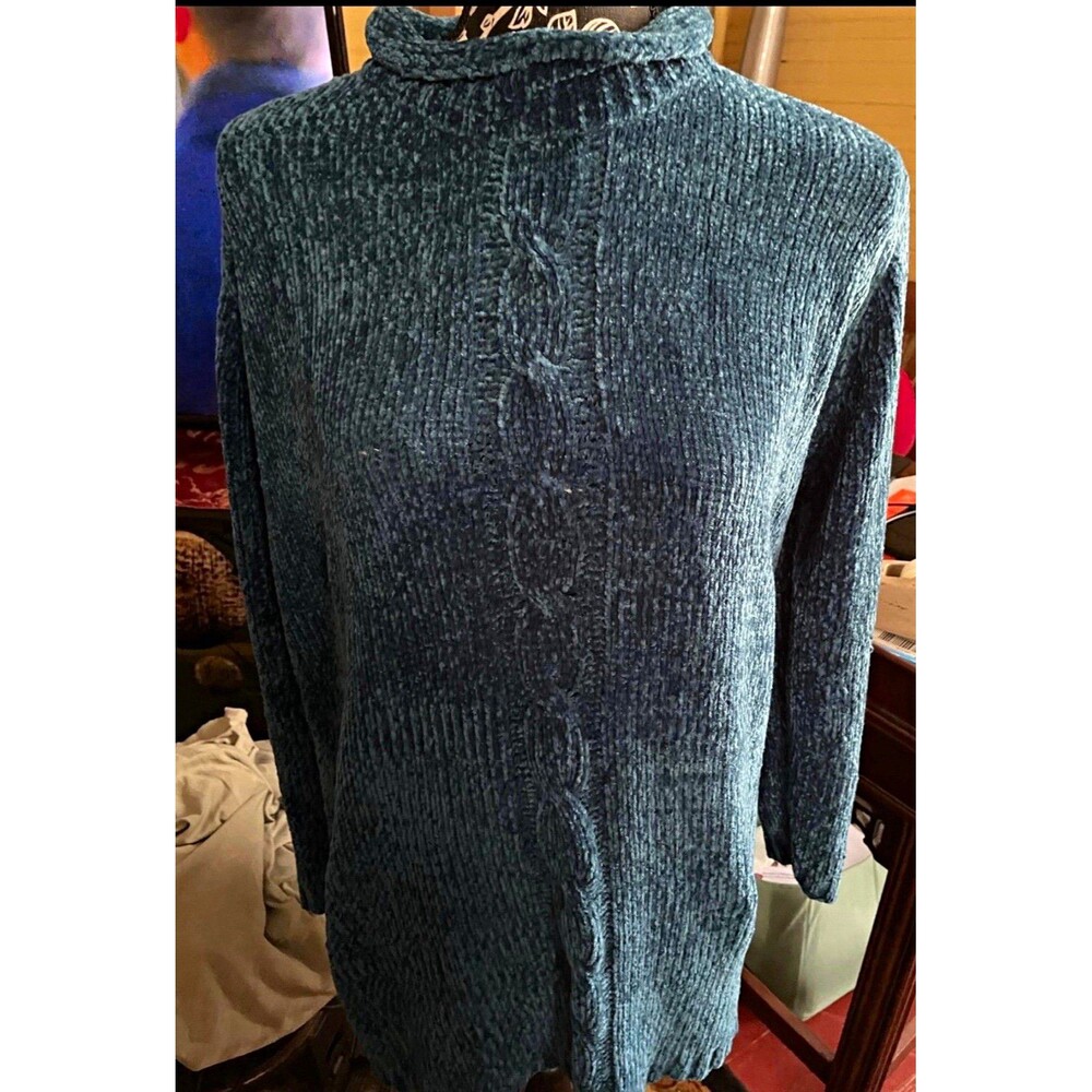 Global Gold Women’s Medium Chenille Sweater Teal Cable Knit Turtleneck 42” Bust